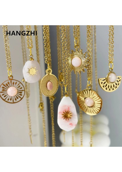 S Beden Pembe Doğal Taş Kolye Altın Renk Hollow Çiçek Düzensiz Su Damlası Geometrik Paslanmaz Çelik Kolye Kolye Takı (Yurt Dışından) fiyatları