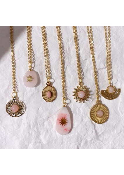 S Beden Pembe Doğal Taş Kolye Altın Renk Hollow Çiçek Düzensiz Su Damlası Geometrik Paslanmaz Çelik Kolye Kolye Takı (Yurt Dışından) modelleri