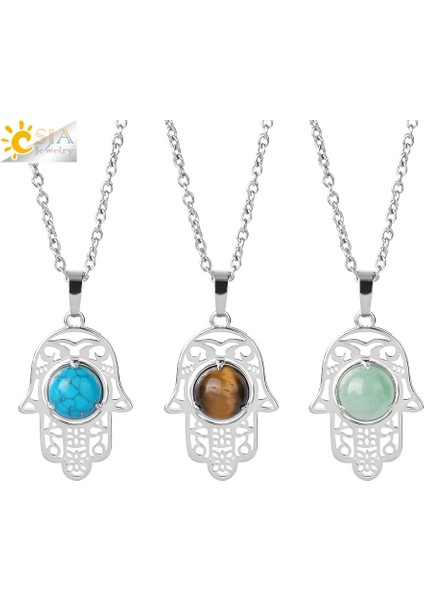 Malakit Csja Hamsa El Kolye Kadın Erkek Için Doğal Kristal Taş Yuvarlak Cabochon Boncuk Muska Charm Kolye Kolye Takı H050 (Yurt Dışından)