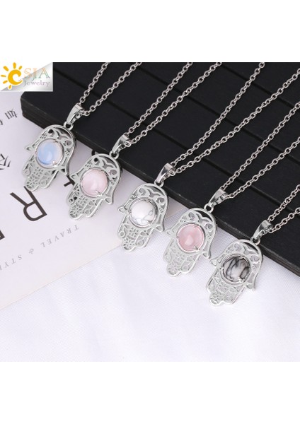 Malakit Csja Hamsa El Kolye Kadın Erkek Için Doğal Kristal Taş Yuvarlak Cabochon Boncuk Muska Charm Kolye Kolye Takı H050 (Yurt Dışından)