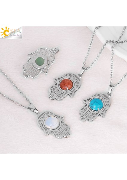 Malakit Csja Hamsa El Kolye Kadın Erkek Için Doğal Kristal Taş Yuvarlak Cabochon Boncuk Muska Charm Kolye Kolye Takı H050 (Yurt Dışından)