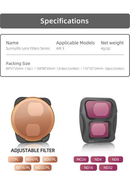 Sunnylıfe Air 3 Filtre Serisi Için Kullanışlı Taşınabilir Çok Işlevli Aksesuar Seti, Cpl + Nd8 + ND16 (Yurt Dışından)