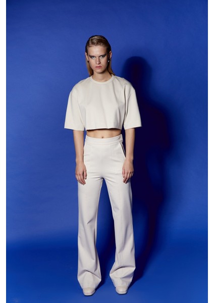 Ekru Basic Crop T-Shirt