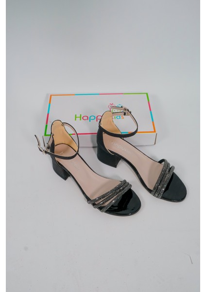 Kız Çocuk Abiye Ayakkabı Siyah Taşlı 3 Bantlı Mezüniyet-Düğün Topuklu Kız Çocuk Abiye Ayakkabı modelleri