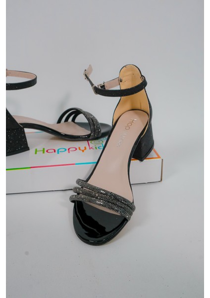 Kız Çocuk Abiye Ayakkabı Siyah Taşlı 3 Bantlı Mezüniyet-Düğün Topuklu Kız Çocuk Abiye Ayakkabı