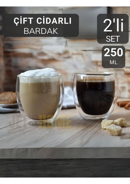 2’li Set Kahve Bardağı 250 ml Çay Bardağı Çift Cidarlı Bardak Cam Magnolya Bardağı