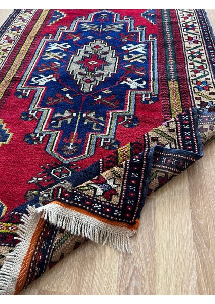 124X240 cm Canlı Kırmızı ve Mavi El Dokuma Türk Kilimi, Nostaljik Uşak Halısı, Yüksek Kaliteli Yün Halı, Özel Tasarım modelleri