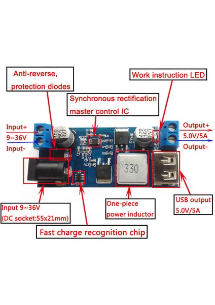 5V 5A Çıkışlı Güç Kaynağı Voltaj Düşürücü Modül USB Soket Klemens