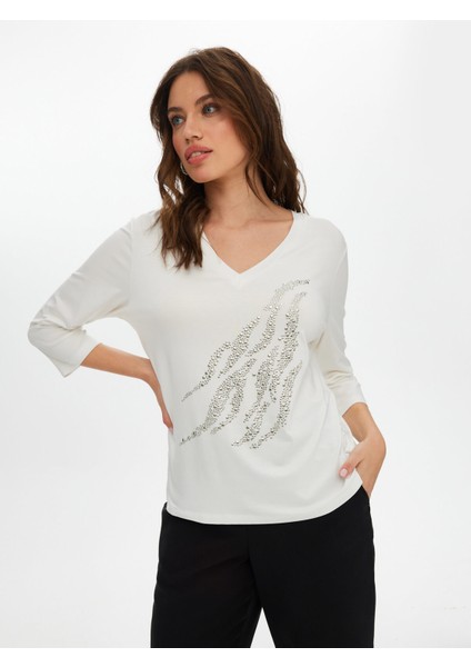 Önü Trok Taş Detaylı 3/4 Kol V Yaka T-Shirt S25TSH068 fiyatları