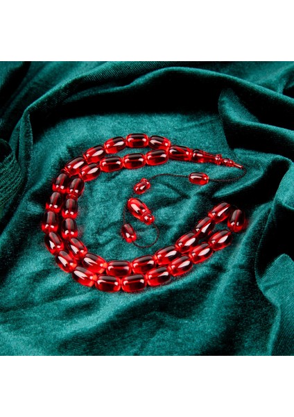 Eski Avusturya Oyun Zar Obje Ateş Kehribar Kapsül Kesim 8X12MM Tesbih - Şeffaf Kırmızı