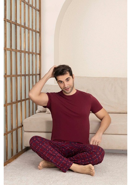 Erkek Ekose Desen Düğmesiz Yuvarlak Yaka Modal Yazlık Kısa Kol Cepli Pijama Takımı