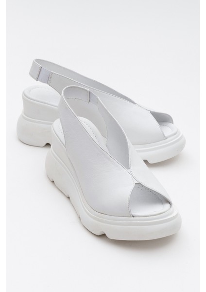 Sam Beyaz Cilt Deri Kadın Dolgu Topuk Sandalet