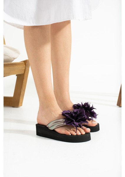 Mor Çiçekli Platform Parmak Arası Acıtmaz Plaj Terlik Flip Flops