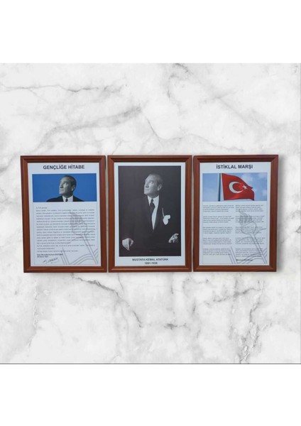 Atatürk-Gençliğe Hitabe-Istiklal Marşı Mdf Portre Tablo Köşe 3 Lü Set 35X50CM