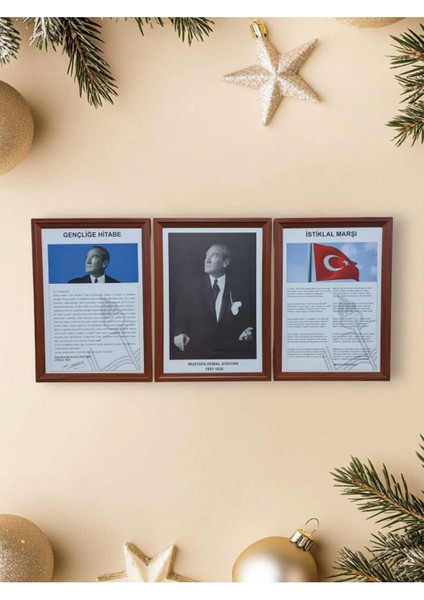 Atatürk-Gençliğe Hitabe-Istiklal Marşı Mdf Portre Tablo Köşe 3 Lü Set 35X50CM