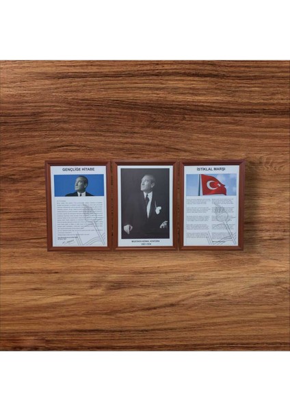Atatürk-Gençliğe Hitabe-Istiklal Marşı Mdf Portre Tablo Köşe 3 Lü Set 35X50CM