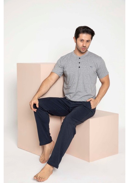 Erkek Ekose Desen 3 Düğmeli Bisiklet Yaka Bilek Manşetli Modal Mevsimlik Uzun Kol Cepli Pijama Takımı