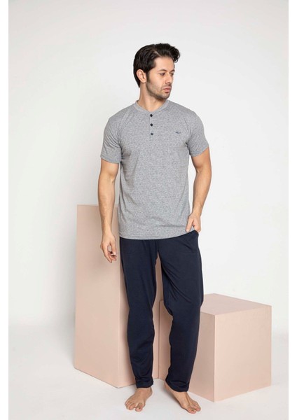 Erkek Ekose Desen 3 Düğmeli Bisiklet Yaka Bilek Manşetli Modal Mevsimlik Uzun Kol Cepli Pijama Takımı fiyatları