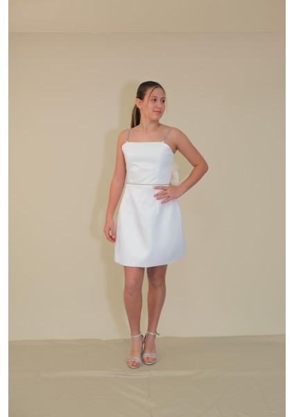 Kız Çocuk Abiye Kordon Taş Askılı Sunsihe Kumaş Krem Mini Çan Elbise 10-15 Yaş