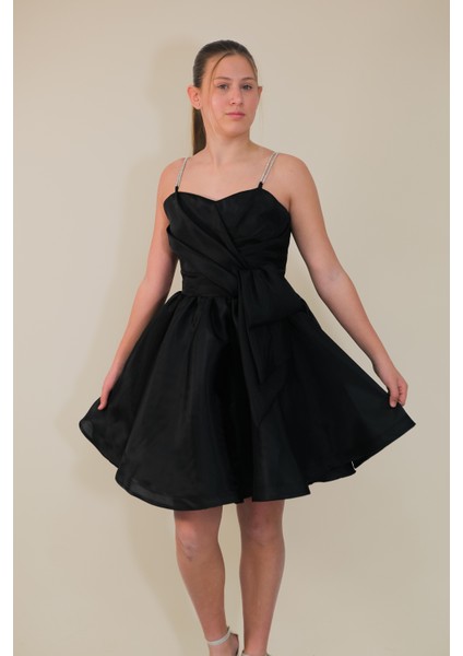 Kız Çocuk Abiye Siyah Taş Kordon Askılı Kalp Yaka kısa Yandan Kendinden Kuşak Detaylı Şifon Abiye Elbise 10-15 Yaş fırsatları