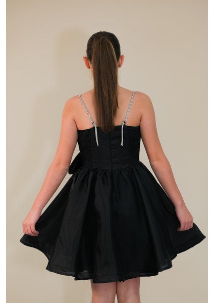 Kız Çocuk Abiye Siyah Taş Kordon Askılı Kalp Yaka kısa Yandan Kendinden Kuşak Detaylı Şifon Abiye Elbise 10-15 Yaş indirimleri