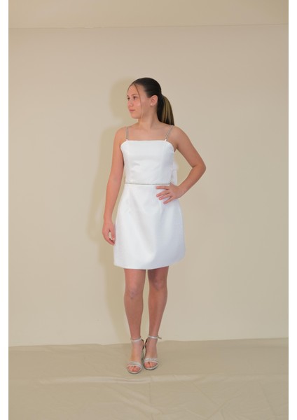 Kız Çocuk Abiye Kordon Taş Askılı Sunsihe Kumaş Krem Mini Çan Elbise 10-15 Yaş modelleri