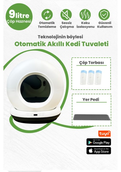 Yeni Nesil Akıllı Otomatik Kedi Tuvaleti, App ile Kontrol, 75LT Iç Hazne, 7lt Çöp Haznesi , Siyah