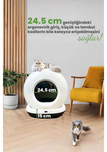 Yeni Nesil Akıllı Otomatik Kedi Tuvaleti, App ile Kontrol, 75LT Iç Hazne, 7lt Çöp Haznesi , Siyah