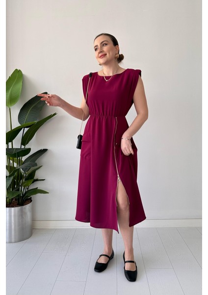 Tek Fermuarlı Elbise Bordo