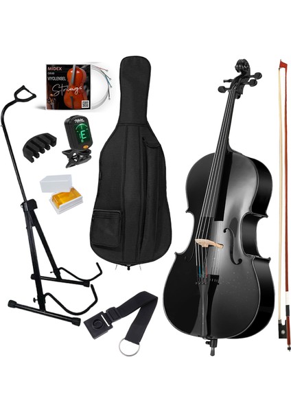GT-124BK-PAK Profesyonel Üst Kalite Siyah Çello Viyolonsel Full Set