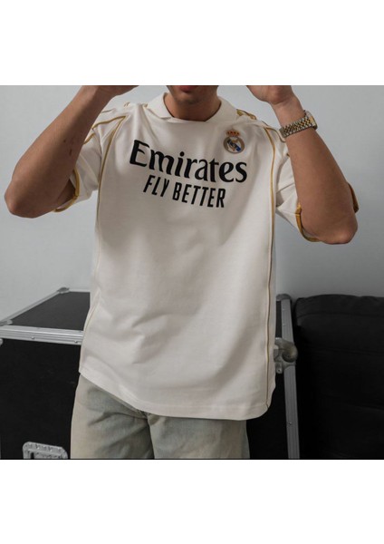 Oversıze Real Sarı Şeritli Kısa Kollu Tişört - Madrid Kaliteli Penye Kumaş T-Shırt
