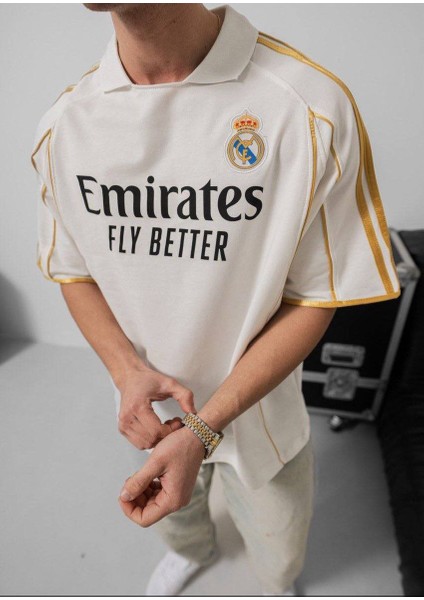 Oversıze Real Sarı Şeritli Kısa Kollu Tişört - Madrid Kaliteli Penye Kumaş T-Shırt