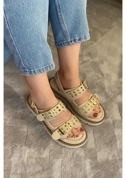 Kadın Mendez Krem Çift Bantlı Kabsül ve Vardola Deyatlı Kalın Taban Ortopedik Sandalet K-120 fiyatları