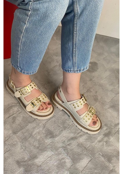 Kadın Mendez Krem Çift Bantlı Kabsül ve Vardola Deyatlı Kalın Taban Ortopedik Sandalet K-120 modelleri