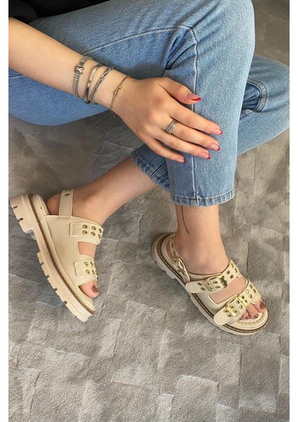 Kadın Mendez Krem Çift Bantlı Kabsül ve Vardola Deyatlı Kalın Taban Ortopedik Sandalet K-120 fırsatları