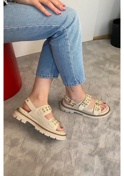 Kadın Mendez Krem Çift Bantlı Kabsül ve Vardola Deyatlı Kalın Taban Ortopedik Sandalet K-120 indirimleri