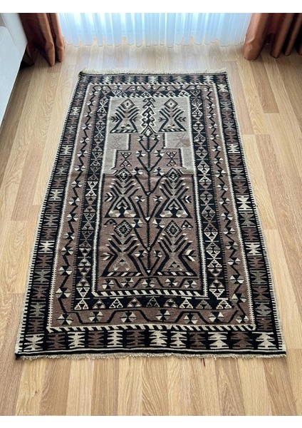 180 x 117 cm Siyah Kahverengi Türk Kilim, El Dokuması Yün Kilim, Ender Motifli Şık Ev Hediyesi