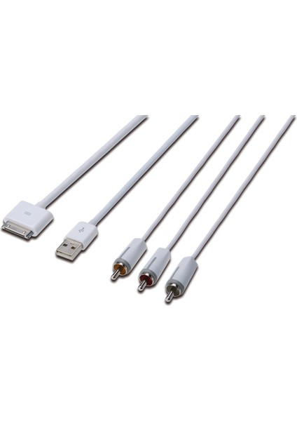 Digitus Apple Audio/Video bağlantı kablosu, Apple 30pin Erkek &lt;-&gt;- 3 x RCA Erkek + USB A Erkek, 1.5 metre, Komposit Audio/Video, USB 2.0 uyumlu, UL, beyaz renk
