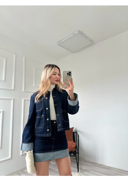 Kadın Denim Etek Ceket Takım Mavi