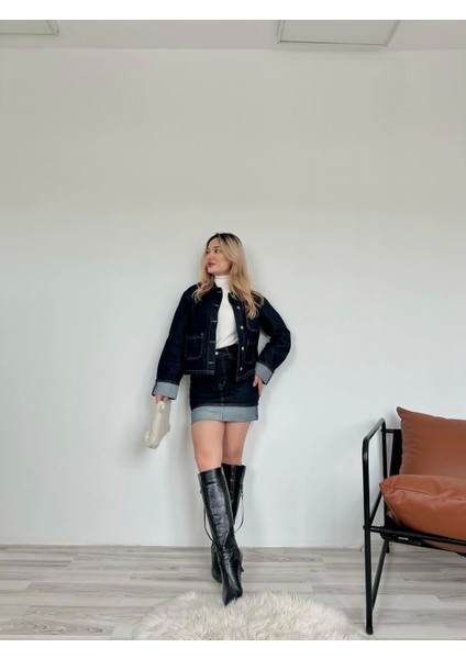 Kadın Denim Etek Ceket Takım Mavi modelleri