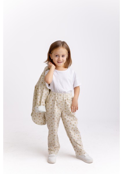 Çiçekli Gabardin Pantolon 2-7 Yaş Ekru Çiçekli