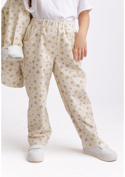 Çiçekli Gabardin Pantolon 2-7 Yaş Ekru Çiçekli
