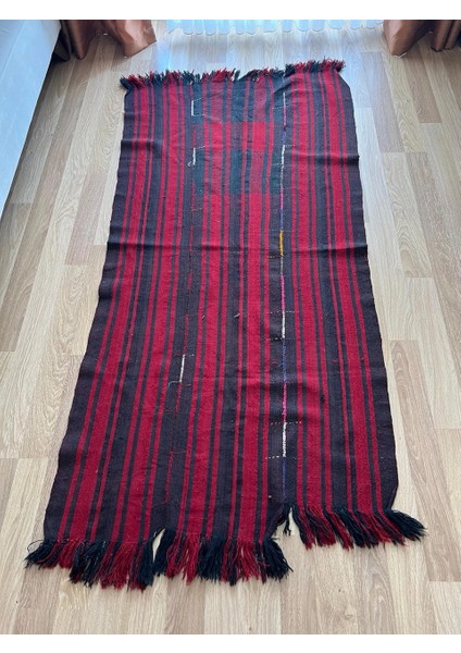 103 x 205 cm Kırmızı Siyah Çizgili Türk Kilimi, El Dokuması Püsküllü Dekoratif Kilim, Vintage Sevenlere Özel