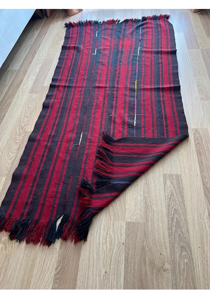 103 x 205 cm Kırmızı Siyah Çizgili Türk Kilimi, El Dokuması Püsküllü Dekoratif Kilim, Vintage Sevenlere Özel fiyatları