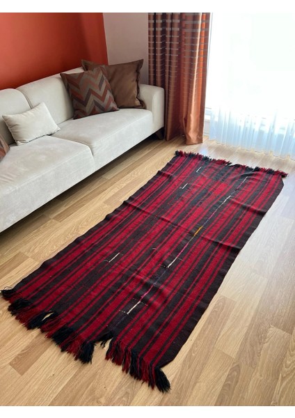 103 x 205 cm Kırmızı Siyah Çizgili Türk Kilimi, El Dokuması Püsküllü Dekoratif Kilim, Vintage Sevenlere Özel modelleri