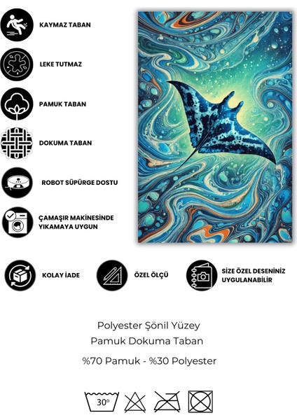 The Reef Desing Vatoz Deseneli Mavi Deniz Temalı Kaymaz Dijital Baskı Halı Oturma Odası Halısı