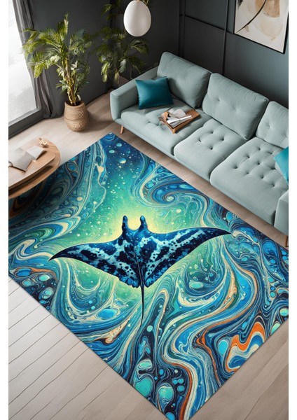 The Reef Desing Vatoz Deseneli Mavi Deniz Temalı Kaymaz Dijital Baskı Halı Yazlık Halısı