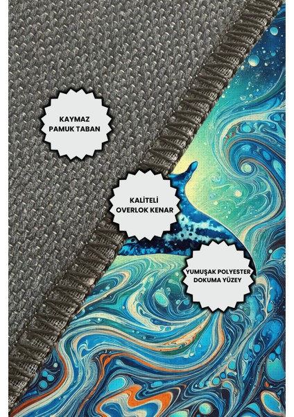 The Reef Desing Vatoz Deseneli Mavi Deniz Temalı Kaymaz Dijital Baskı Halı Yazlık Halısı
