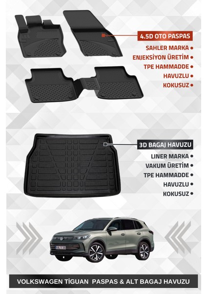 Volkswagen Tiguan 2024+ Uyumlu 4.5d Premium Havuzlu Paspas ve Liner Marka 3D Alt Bagaj Havuzu
