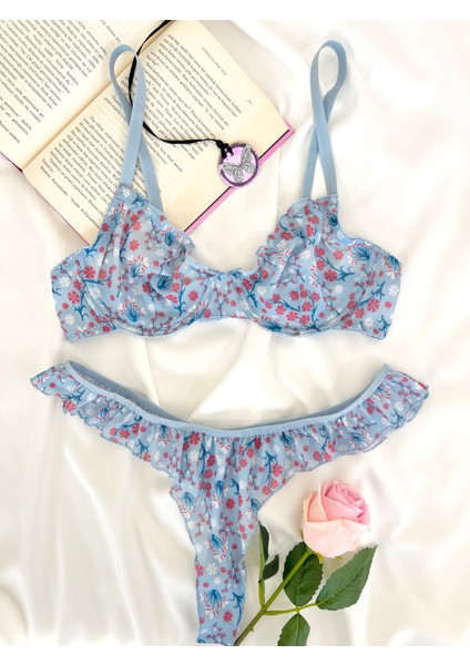 Butterfly Tül Çiçek Desenli Balenli Kapsız Fırfırlı Iç Çamaşırı Takımı modelleri